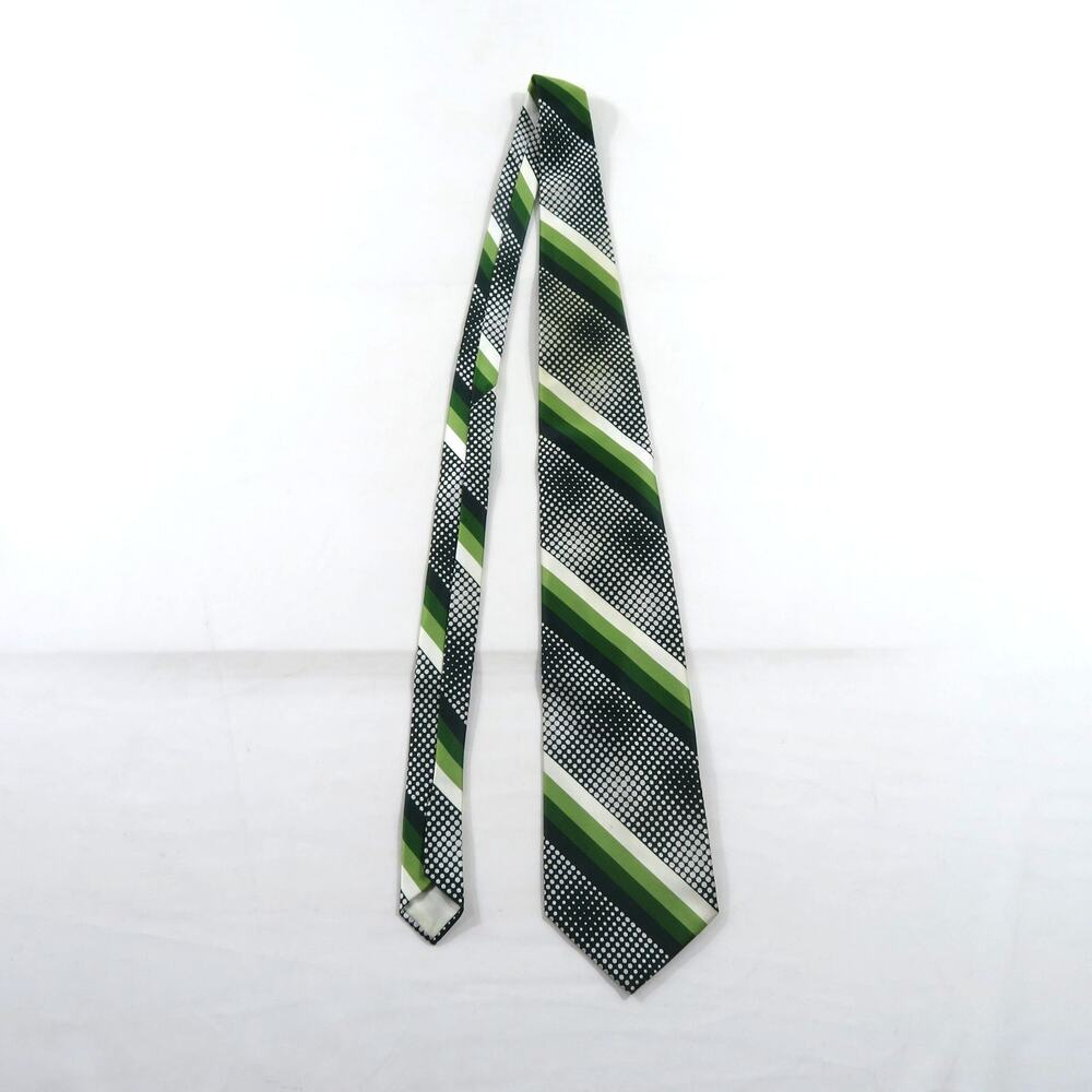Necktie Woven In Italy Green Stripe White Dots 56" Total Length 4.5" Wide 1970s
